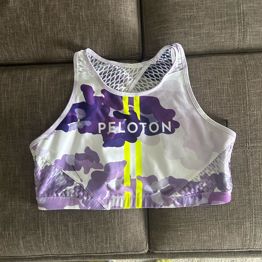 Peloton Purple Camo High-Neck Sports Bra with Neon Yellow Stripes